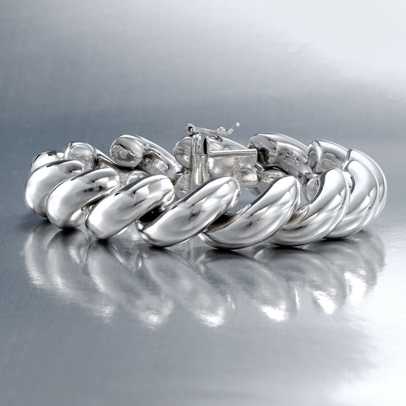 Polished sterling silver curb-link bracelet with rectangular clasp centerpiece