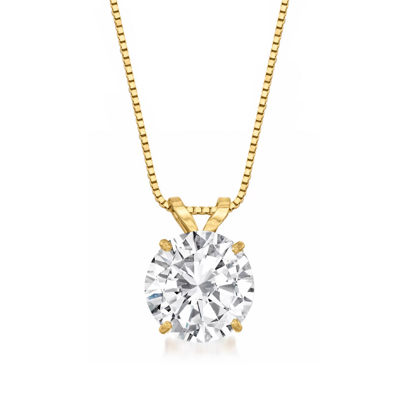 14kt yellow gold solitaire necklace with round CZ center, four-prong setting
