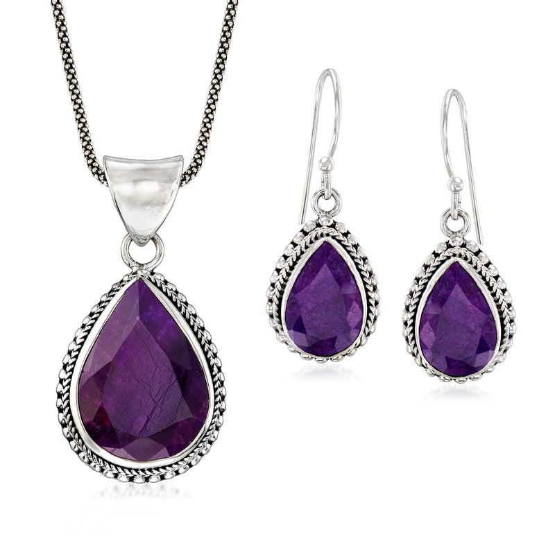 Sterling silver jewelry set with purple teardrop sapphire pendant and matching earrings