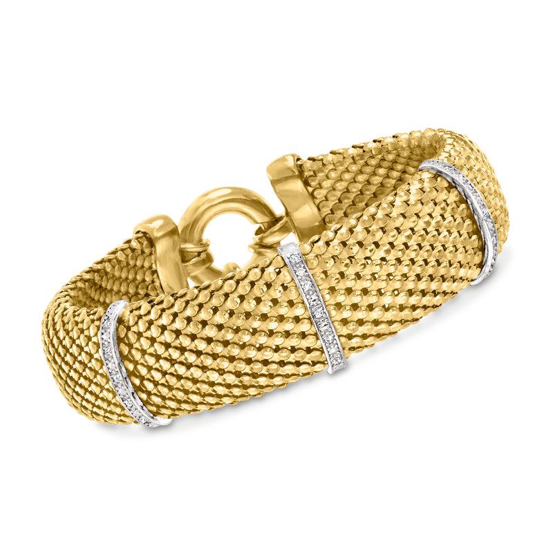 Two-tone sterling silver mesh bracelet with diamond bar and secure clasp