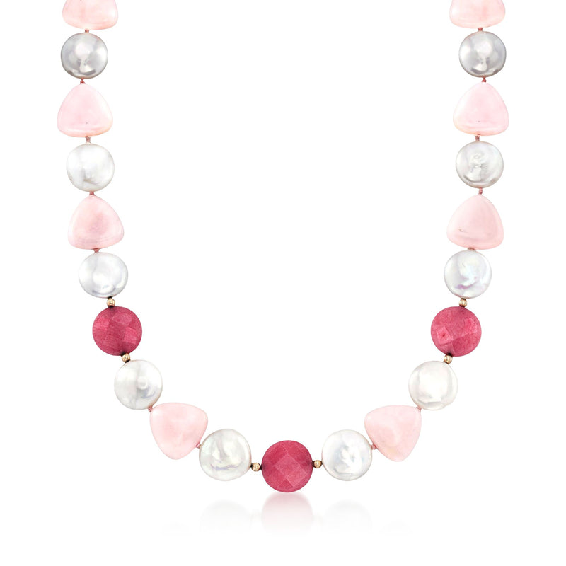 Pink coin pearl and gemstone necklace with 14kt yellow gold beads