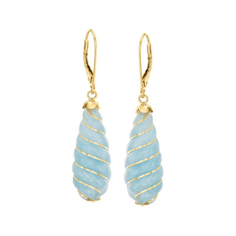 Carved aquamarine teardrop leverback earrings, 14kt yellow gold, light blue striped