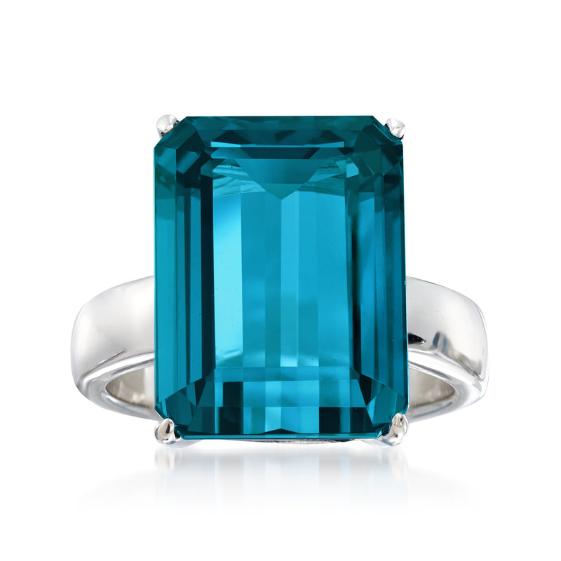 Sterling silver ring with rectangular London blue topaz, four-prong setting