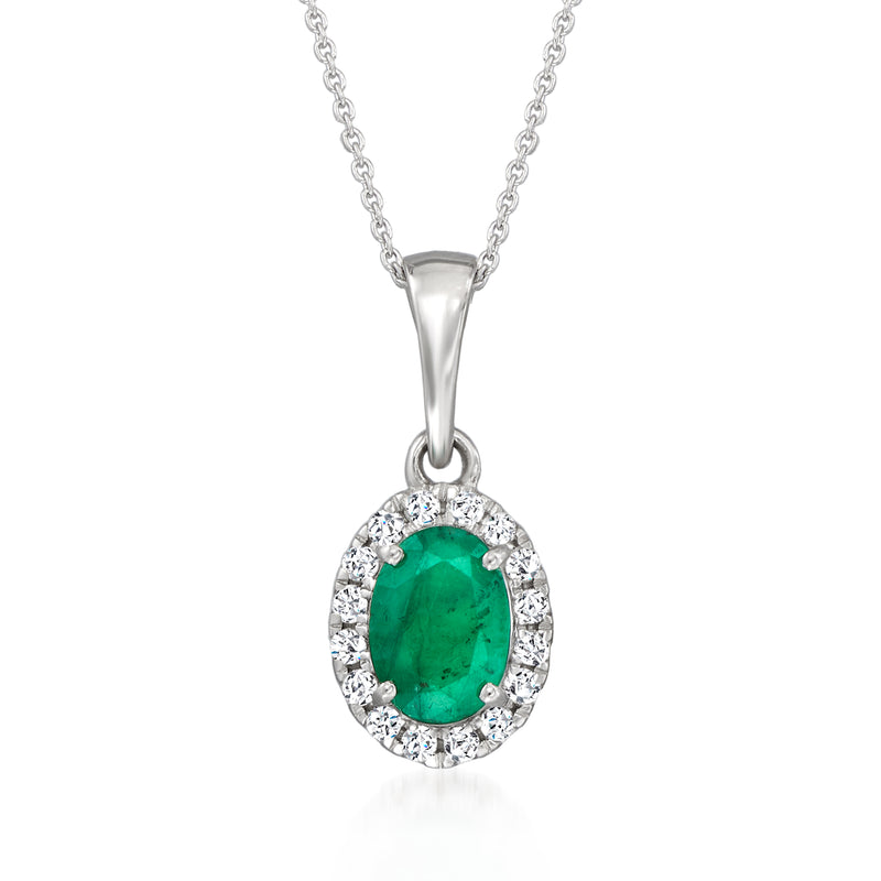 14kt white gold emerald and diamond oval pendant necklace, diamond halo