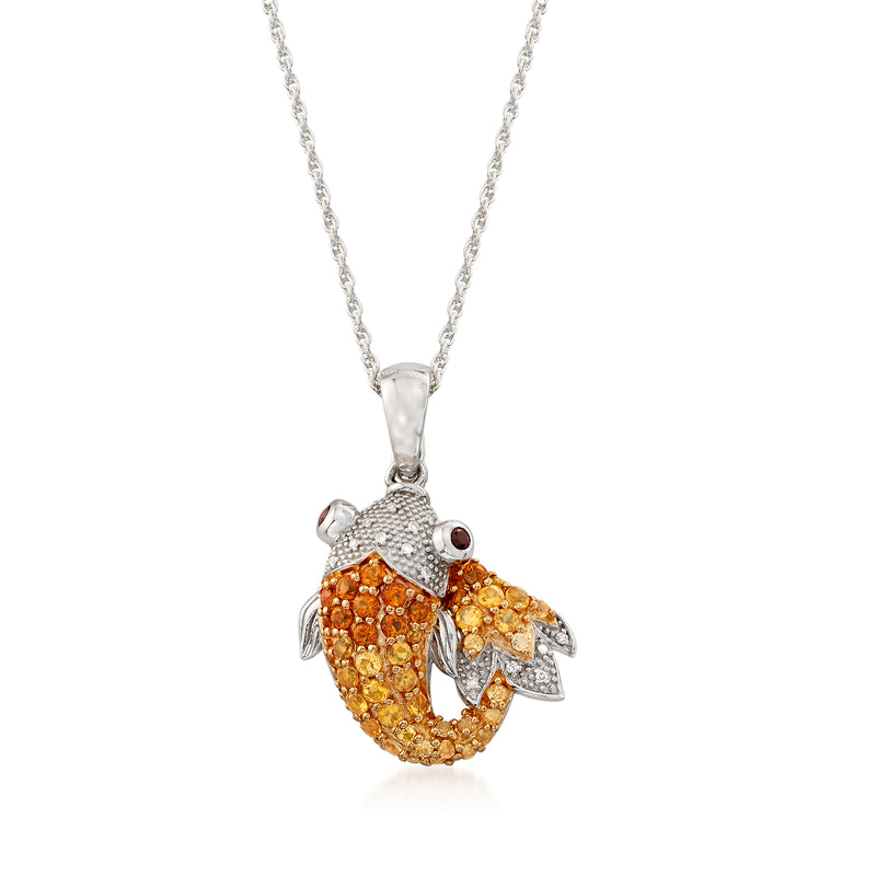 Sterling silver koi pendant necklace with citrine, diamond accents, and garnet eyes