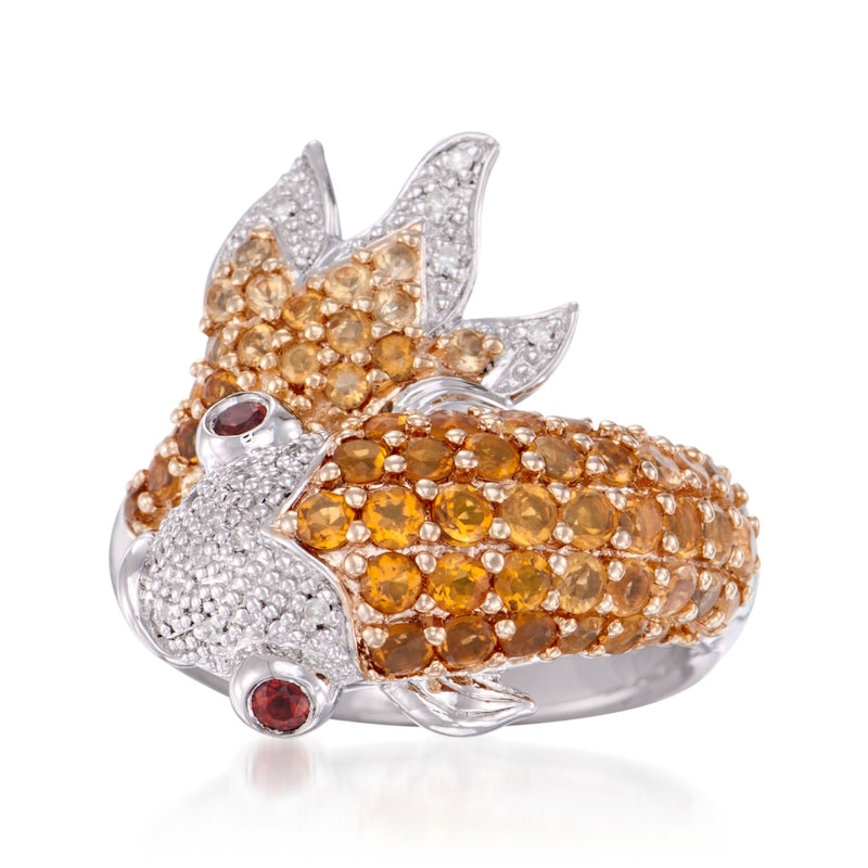 Sterling silver koi ring with citrine, diamonds, and garnet accents