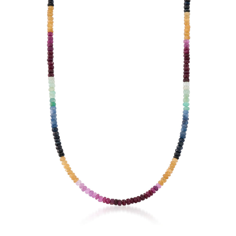 Multicolored sapphire bead necklace with small round beads, sterling silver clasp