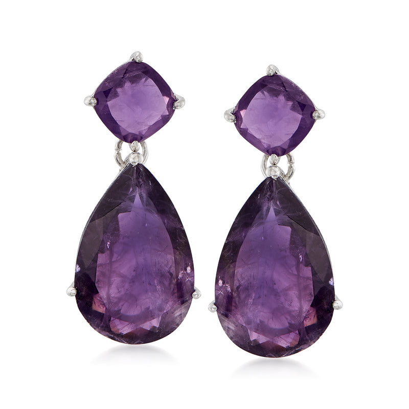 Sterling silver amethyst drop earrings with round top and pear-shaped drops, purple stones