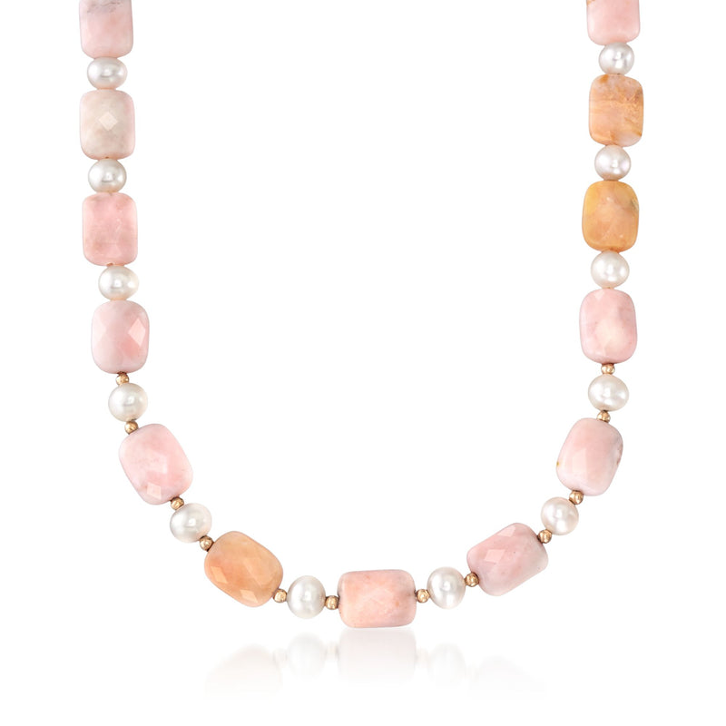 Pink opal and cultured pearl bead necklace with round pearl spacers