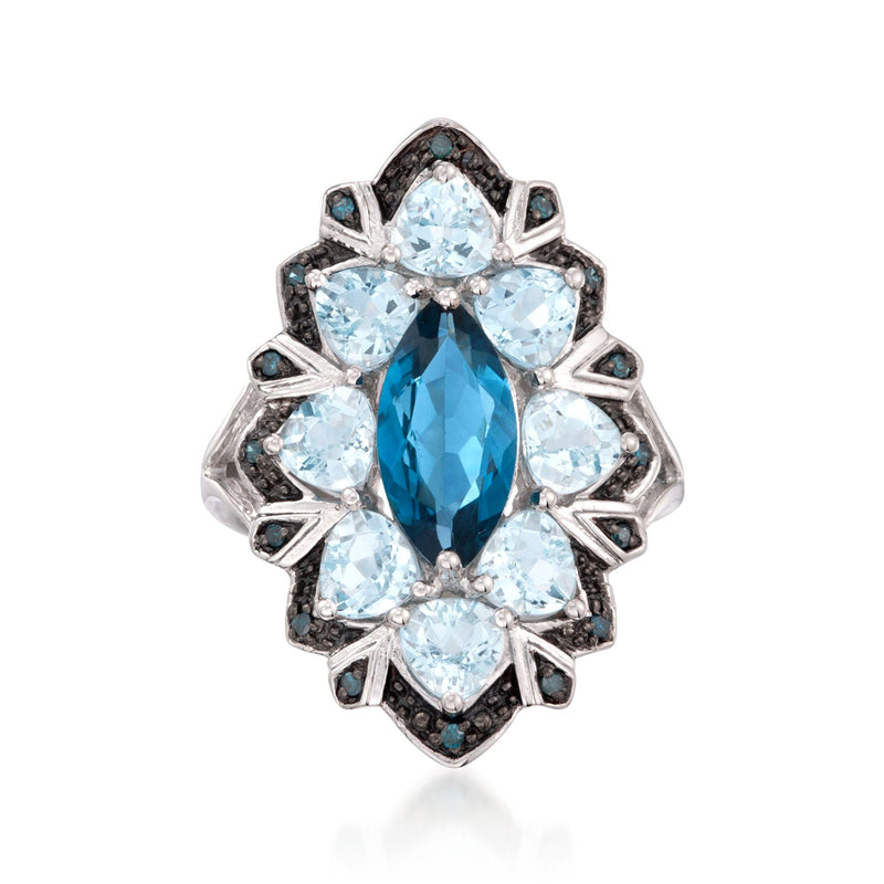 Sterling silver ring with oval blue center gemstone and surrounding light-blue stones