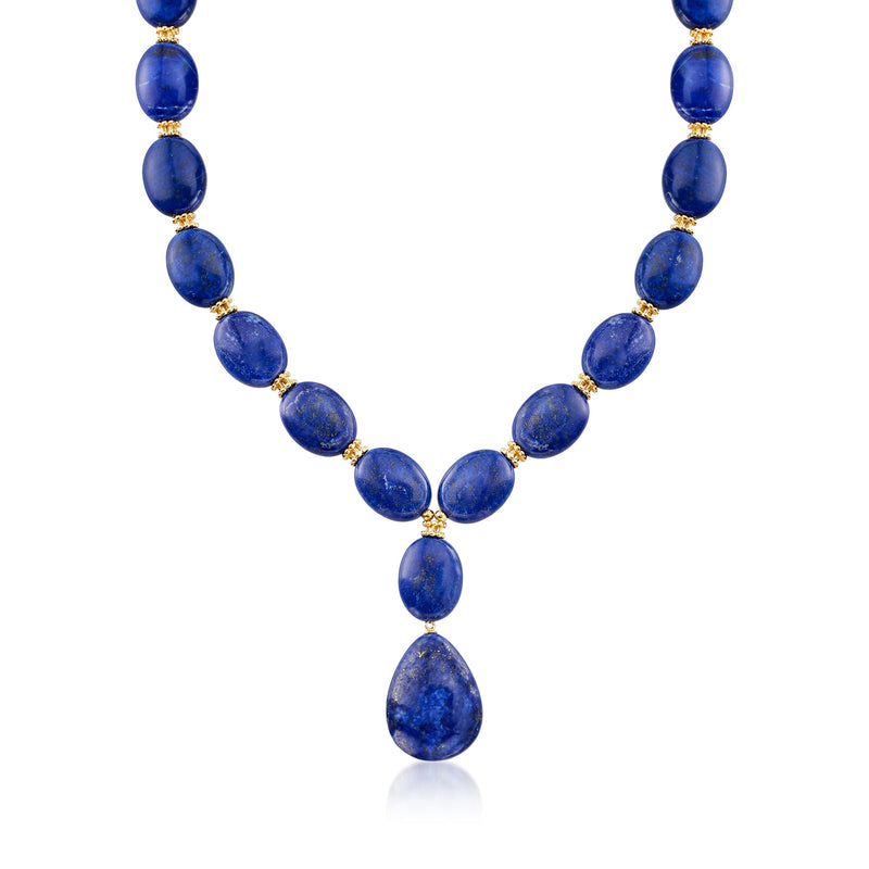 Lapis bead Y-necklace with blue oval stones and gold-tone accents