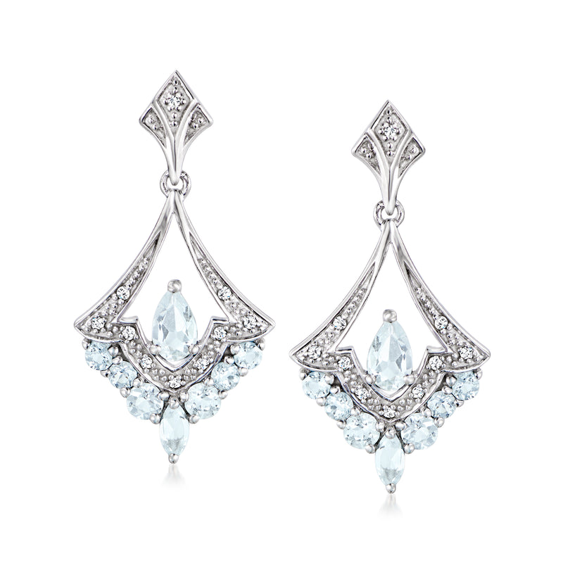 Sterling silver chandelier drop earrings with aquamarine and diamond accents