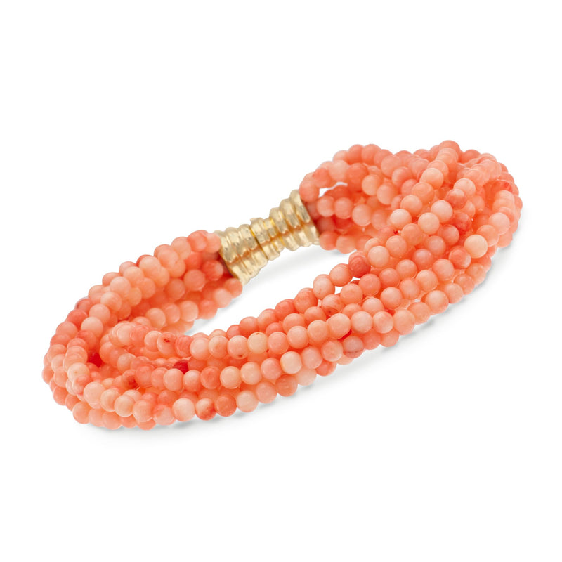 Coral bead multi-strand bracelet with yellow gold over sterling clasp