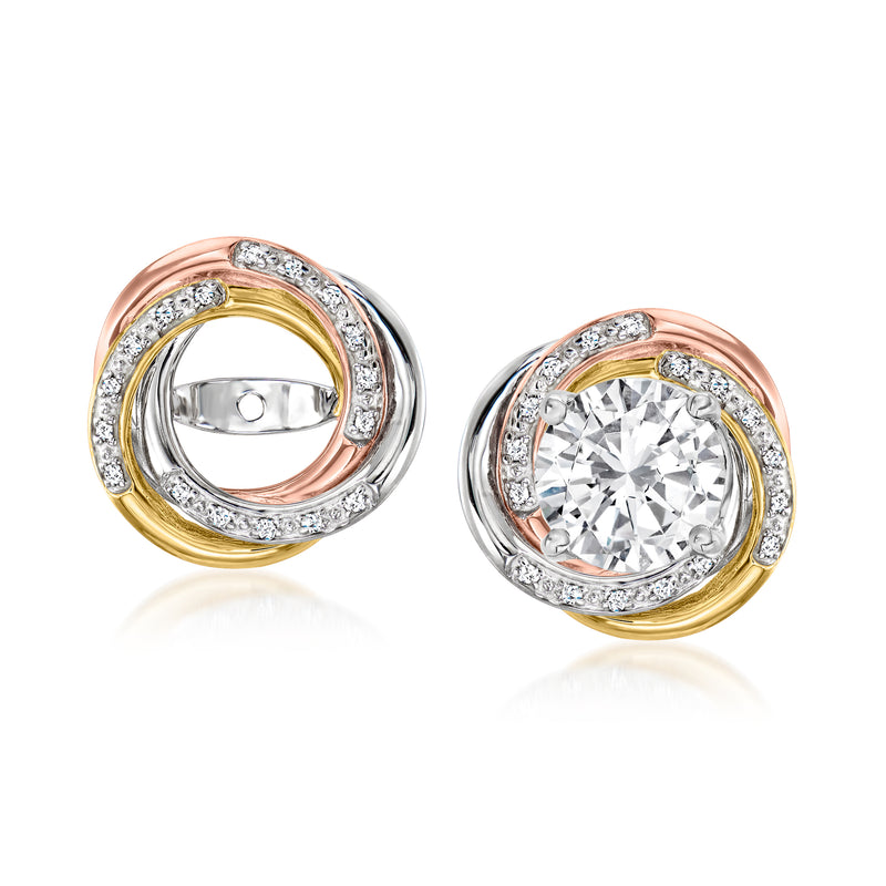 Tri-colored sterling silver diamond swirl earring jackets, round halo with center stone