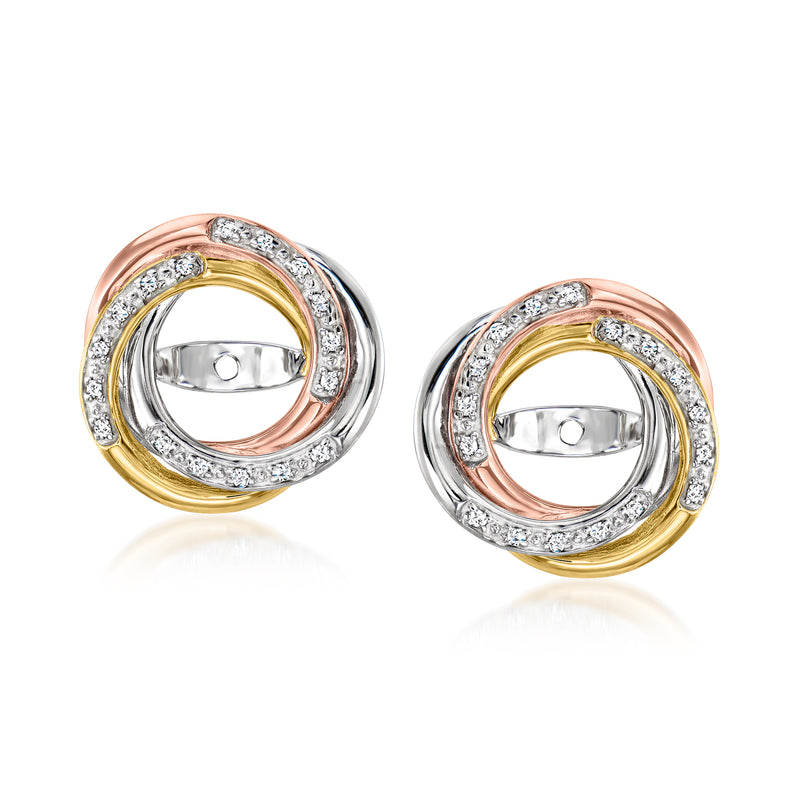 Tri-colored sterling silver diamond swirl earring jacket with open back and round pave halo