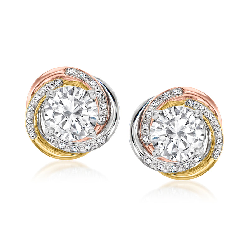 Tri-colored sterling silver diamond swirl earring jacket with large round center diamond halo