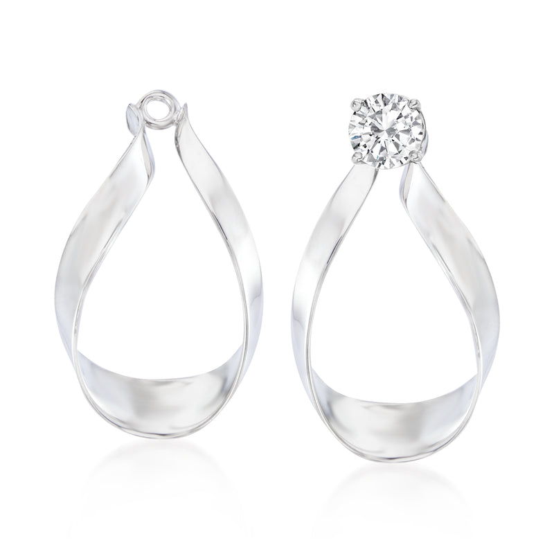 Sterling silver teardrop earring jacket with ribbon frame and clear round stone