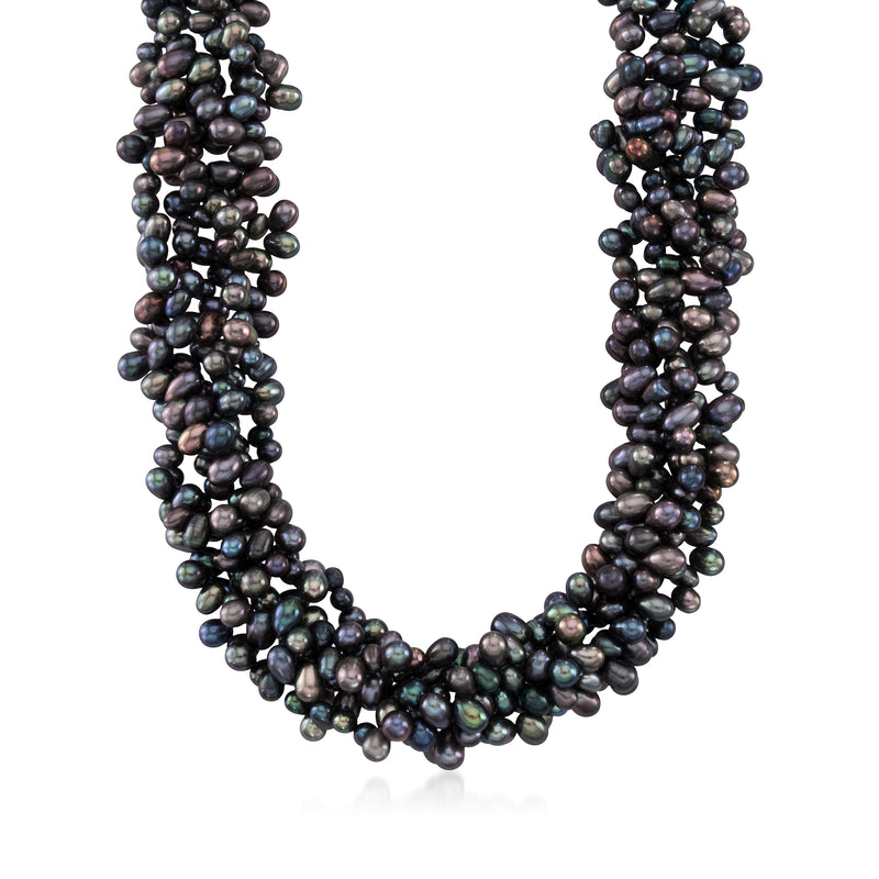 Cultured pearl torsade necklace with dark, iridescent bead strands