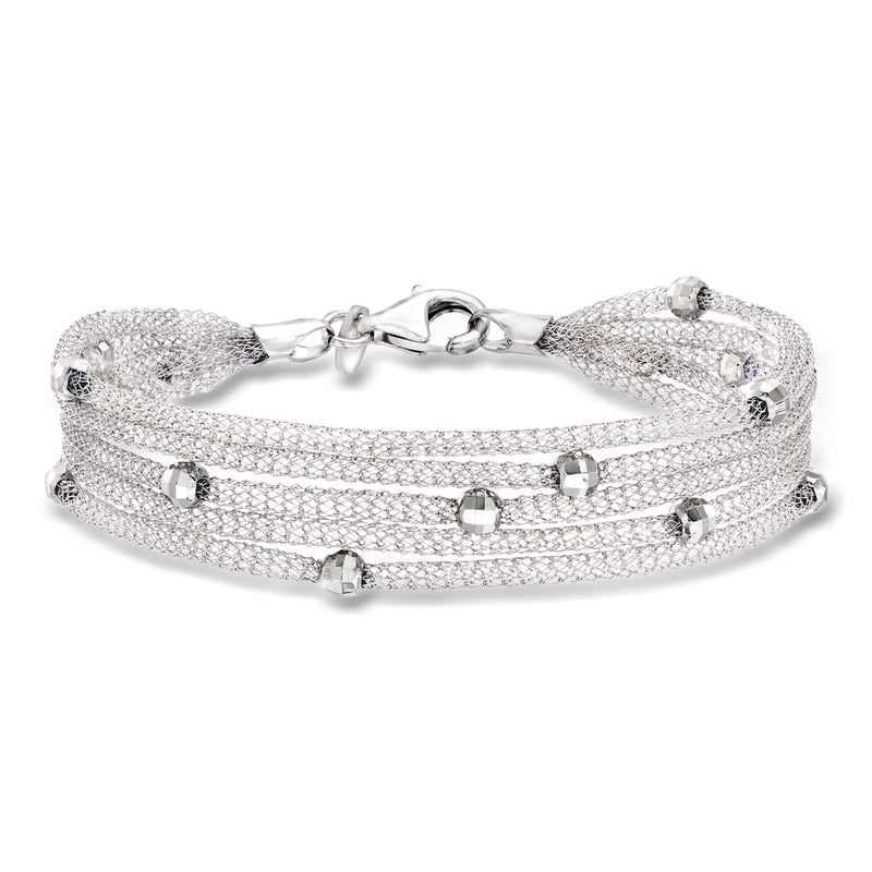 Sterling silver multi-strand mesh bracelet with faceted cube beads and clasp