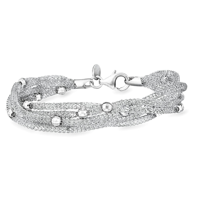 Sterling silver multi-row mesh bracelet with cube bead details and linked clasp