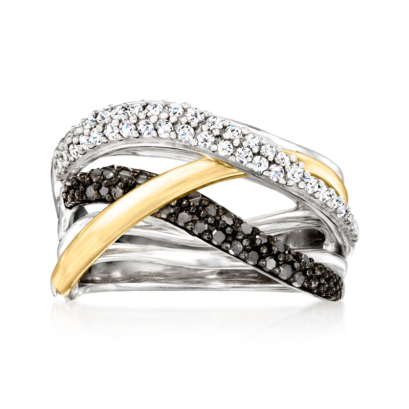 Sterling silver diamond highway ring with black and white stones, accented by yellow gold bar