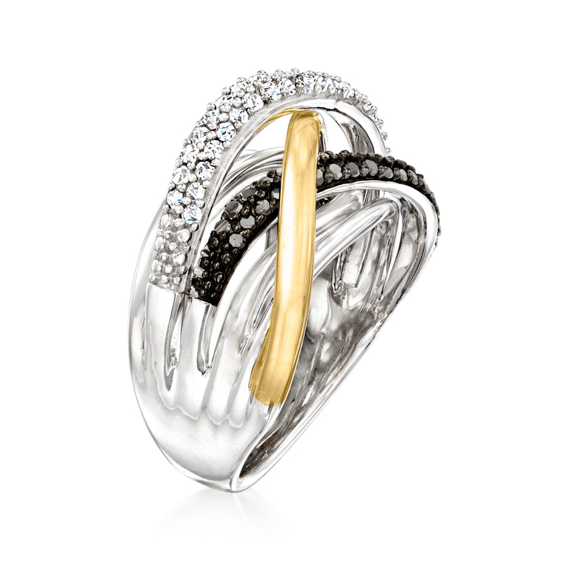 Sterling silver and 14kt yellow gold ring with black and white diamond crossover bands