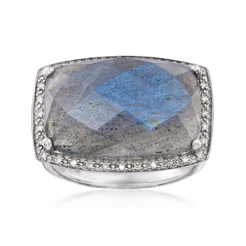 Sterling silver ring with labradorite center stone and diamond accents, blue-gray flash