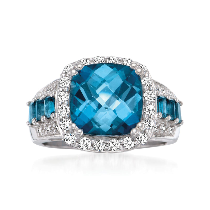 Sterling silver ring with large London blue topaz center, diamond accents, and blue side stones