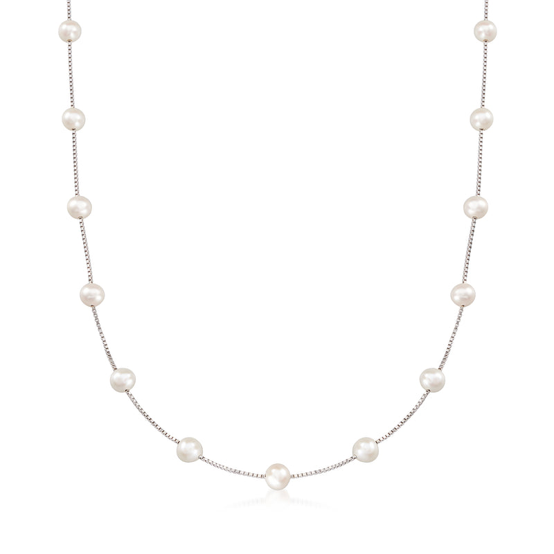 Sterling silver cultured pearl station necklace with evenly spaced round white pearls