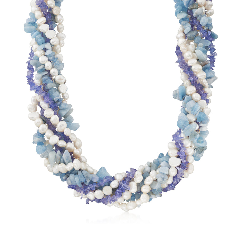 Cultured pearl torsade necklace with blue, white beads and free-form multi-stone design
