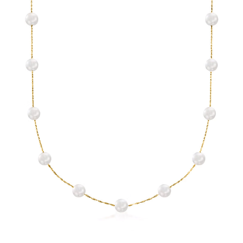 14kt yellow gold cultured pearl station necklace with round white pearls