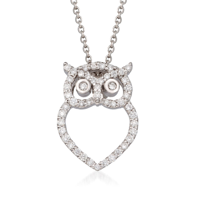 18kt white gold diamond owl pendant necklace with heart-shaped bezel and link chain