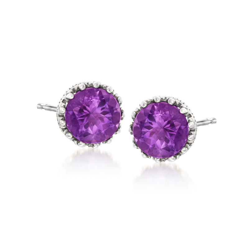 Amethyst stud earrings in sterling silver, round purple gems with crown-style bezel