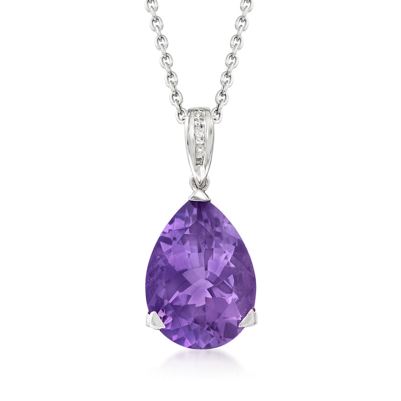 Sterling silver amethyst pear pendant with small diamond accents, on a chain