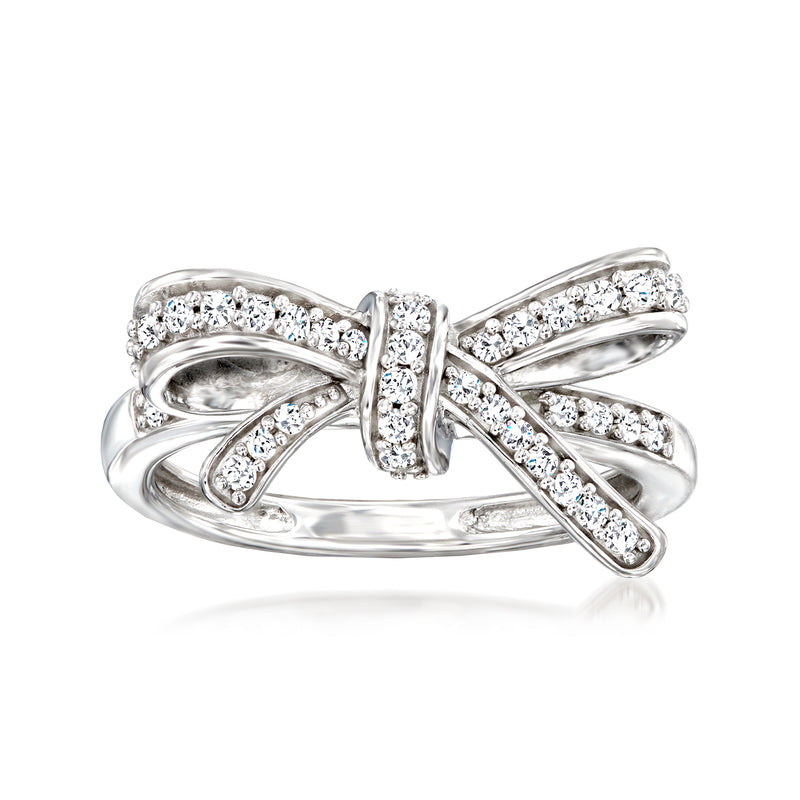 Sterling silver bow ring with sparkling round diamonds and crisscross ribbon setting