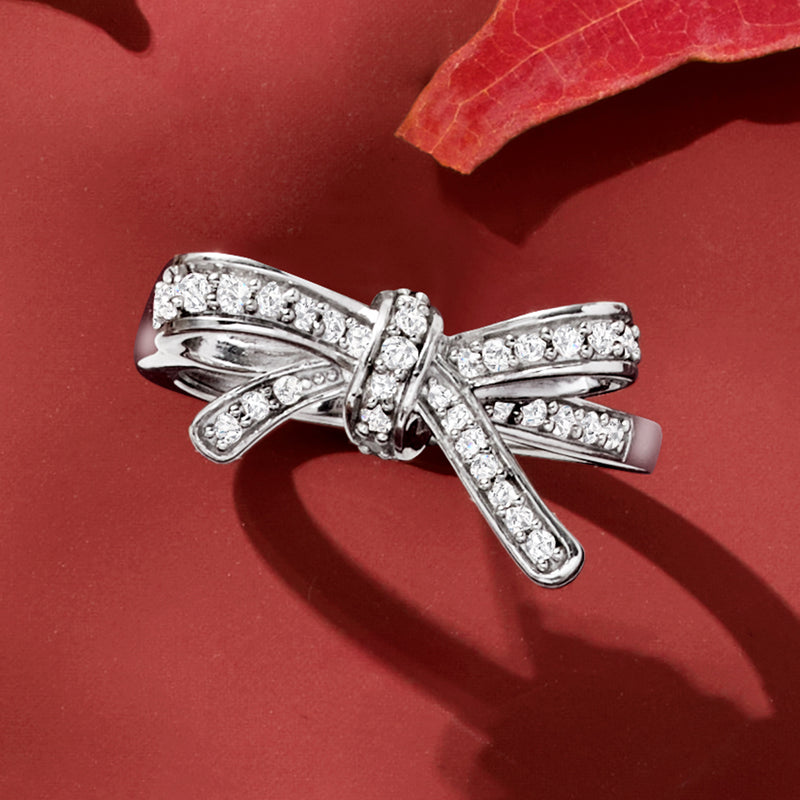 Sterling silver diamond bow ring with pavé bands