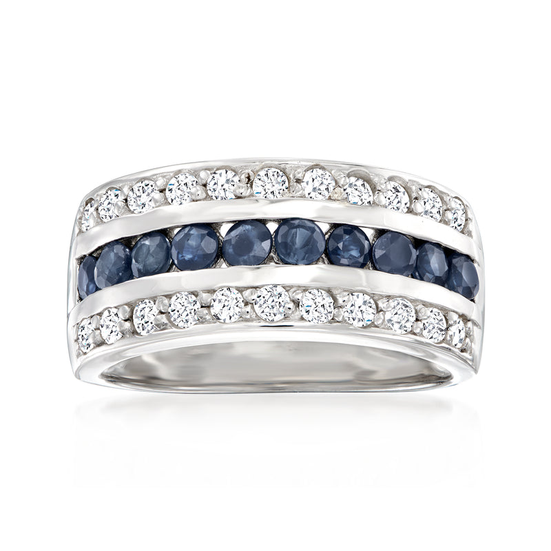 Sterling silver multi-row ring with blue sapphire stones and white topaz accents