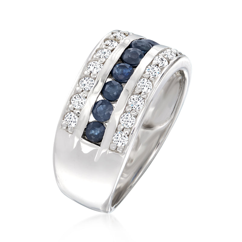 Sterling silver multi-row ring side view with blue sapphire and white topaz rows