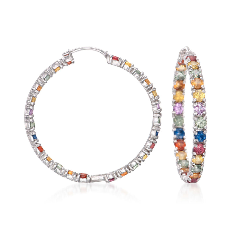 Sterling silver hoop earrings with multicolored sapphire stones inside-out