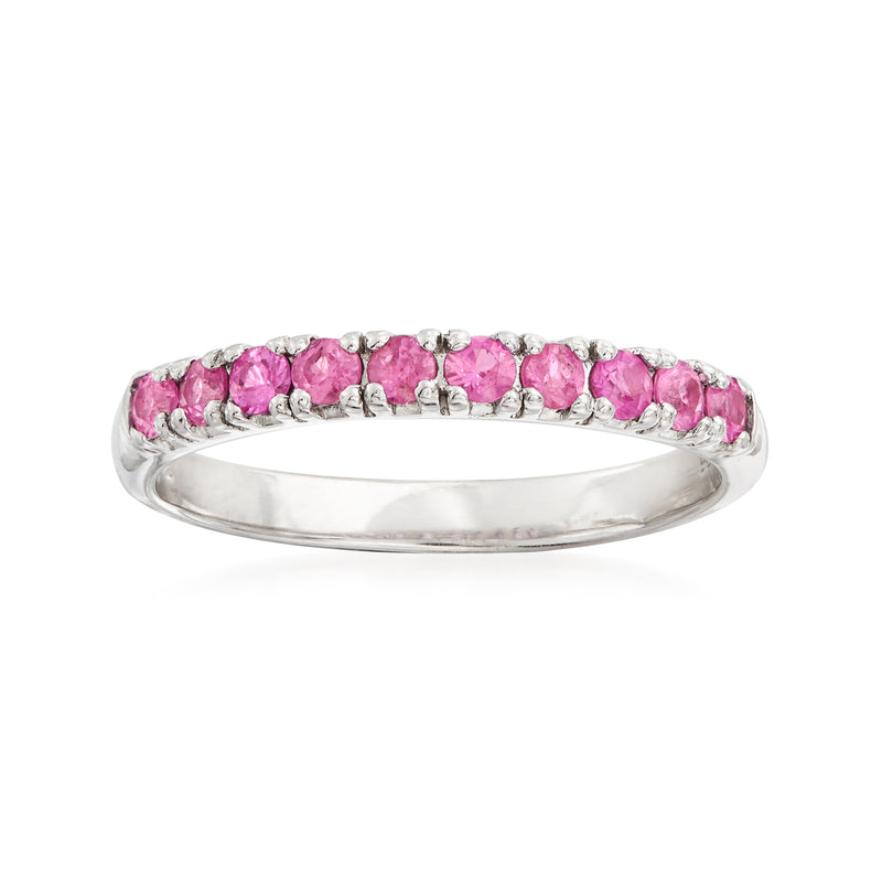 Sterling silver band ring with row of pink sapphires