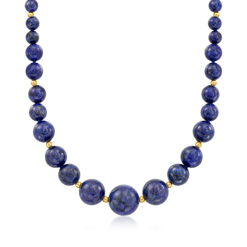 Graduated lapis bead necklace with 14kt yellow gold spacers and clasp