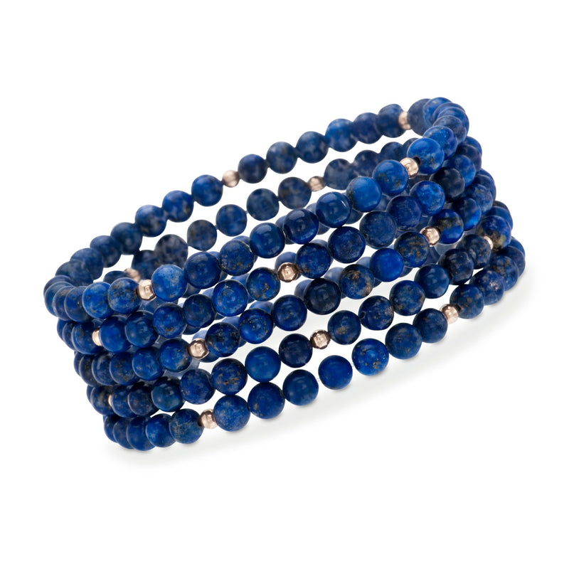 Five blue lapis bead stretch bracelets with 14kt yellow gold spacers