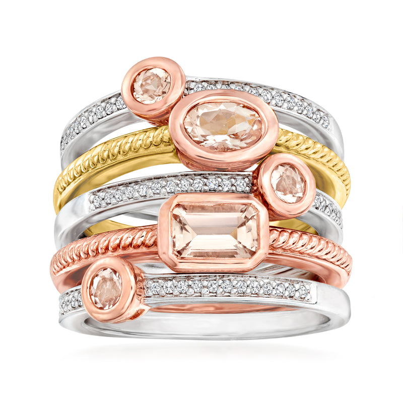 Five-ring jewelry set with morganite-style stones, diamond accents, silver and gold tones