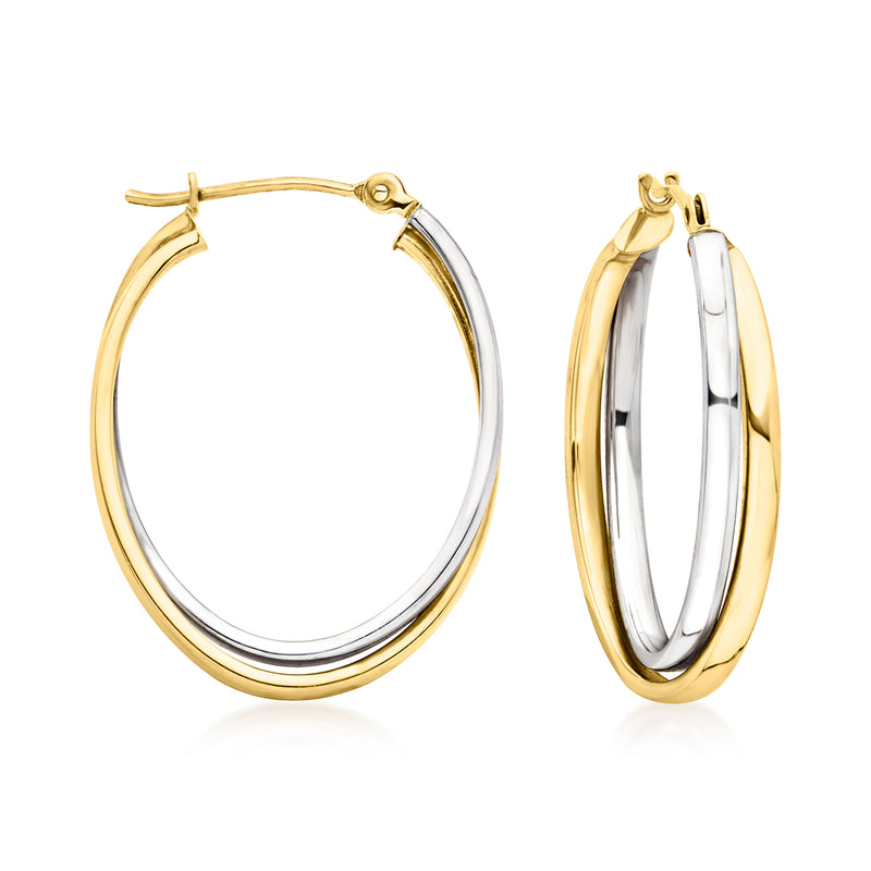 Two-tone gold and silver double-oval hoop earrings with clasp, front view