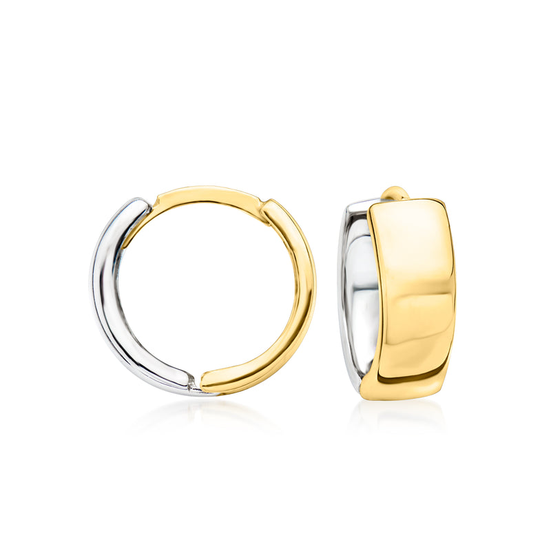 Reversible huggie hoop earrings in sterling silver and 14kt yellow gold, hinged hoops