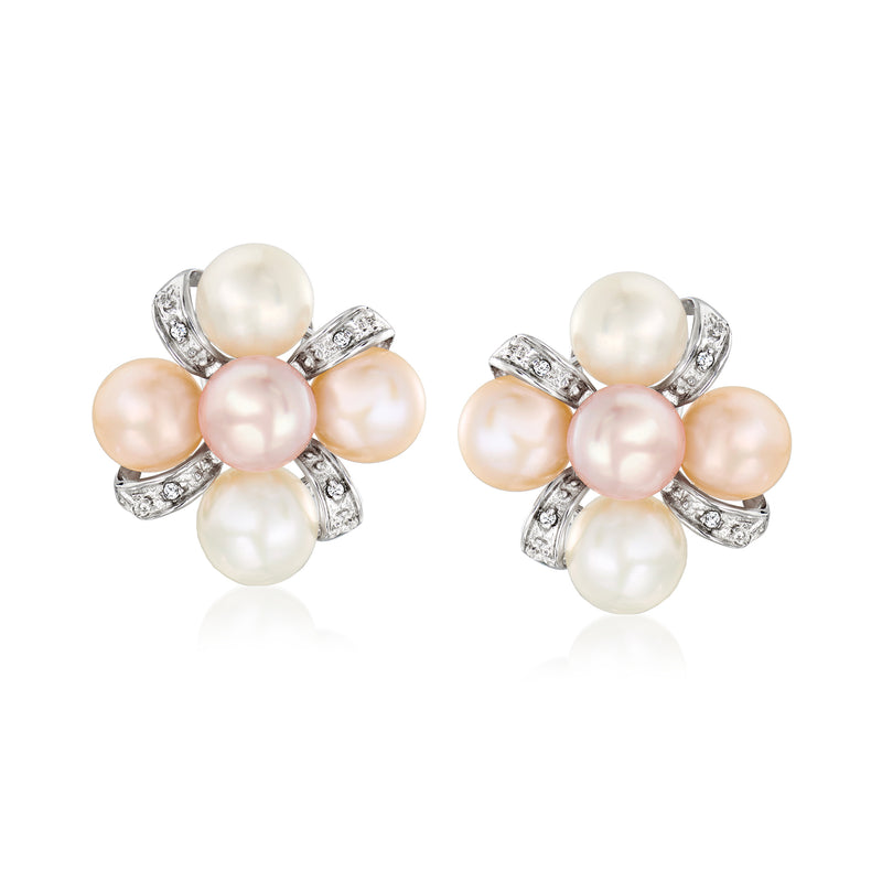 Sterling silver pearl cluster earrings with white, pink, and peach cultured pearls and diamonds