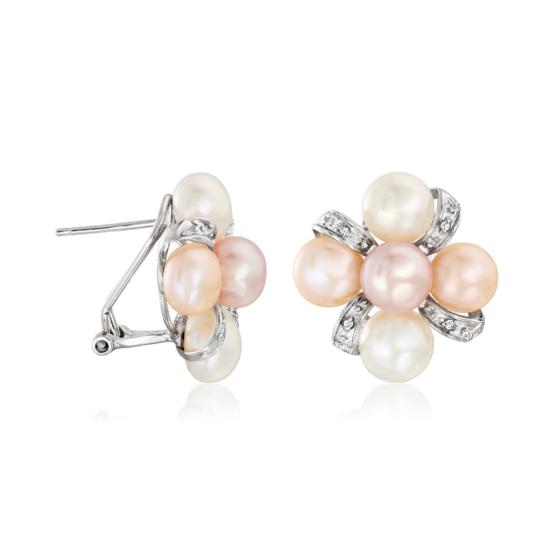 Sterling silver pearl cluster stud earrings with post backs and white, pink, peach pearls