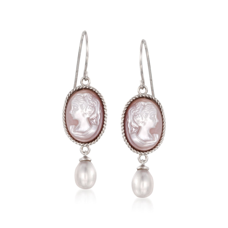 Sterling silver cameo drop earrings with mother-of-pearl oval cameo and cultured pearl
