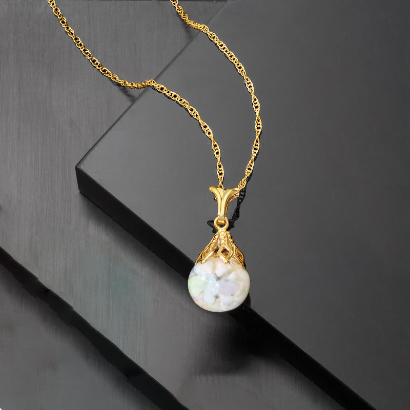 14kt yellow gold floating opal pendant necklace with round milky opal drop on chain