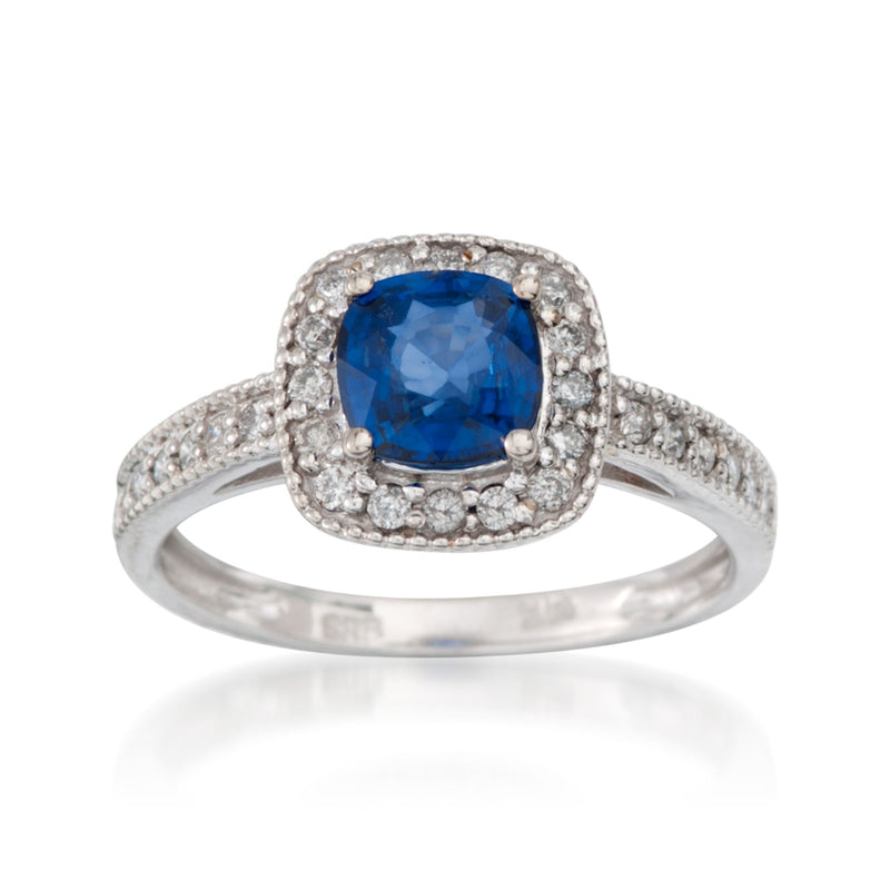 14kt white gold sapphire ring with cushion blue center and diamond halo